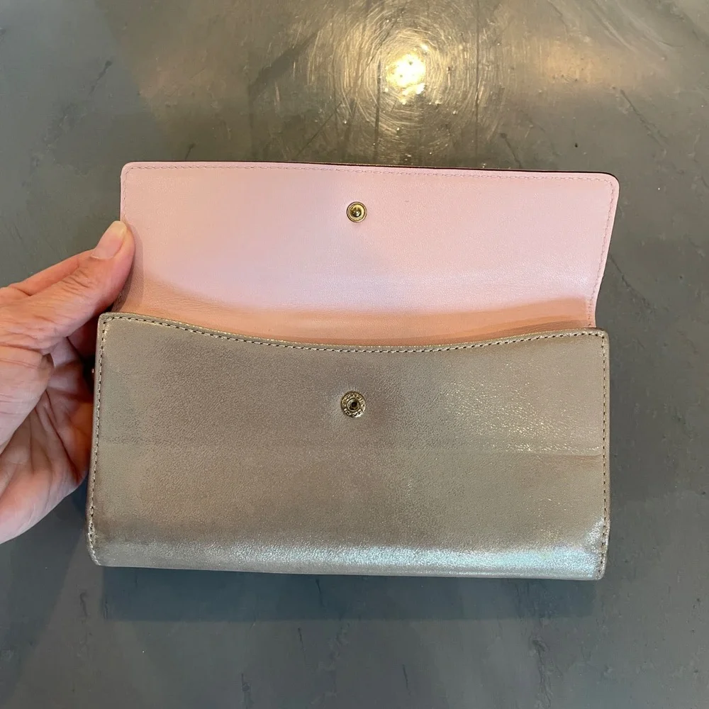 Coach Metallic Champagne Gold Leather Slim Envelope Turnlock Wallet Pink FLAW